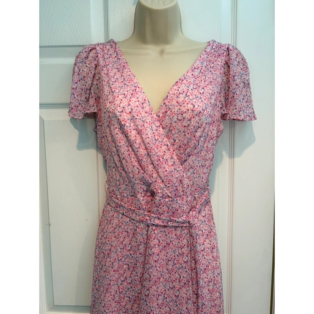 DKNY Pink Floral Wrap Dress Size 4 NWT Belted Midi Coquette Y2K Flutter Sleeve